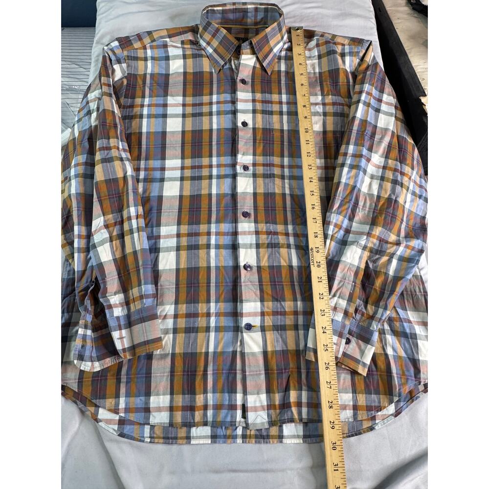 Robert Talbott Shirt Mens Large 100% Cotton Plaid Button Up Blue Brown Orange - Picture 8 of 9